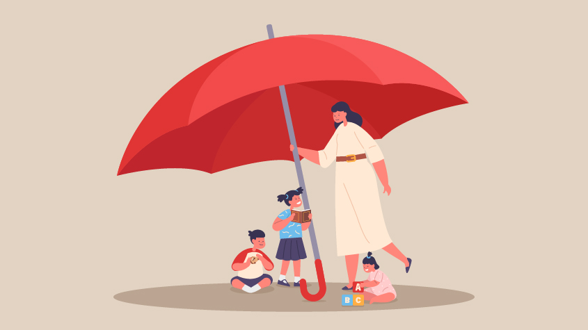 Umbrella represents the protection and safety created by the early childhood hubs