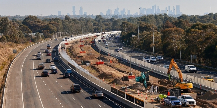 An aerial view of a multi lane road under construction.